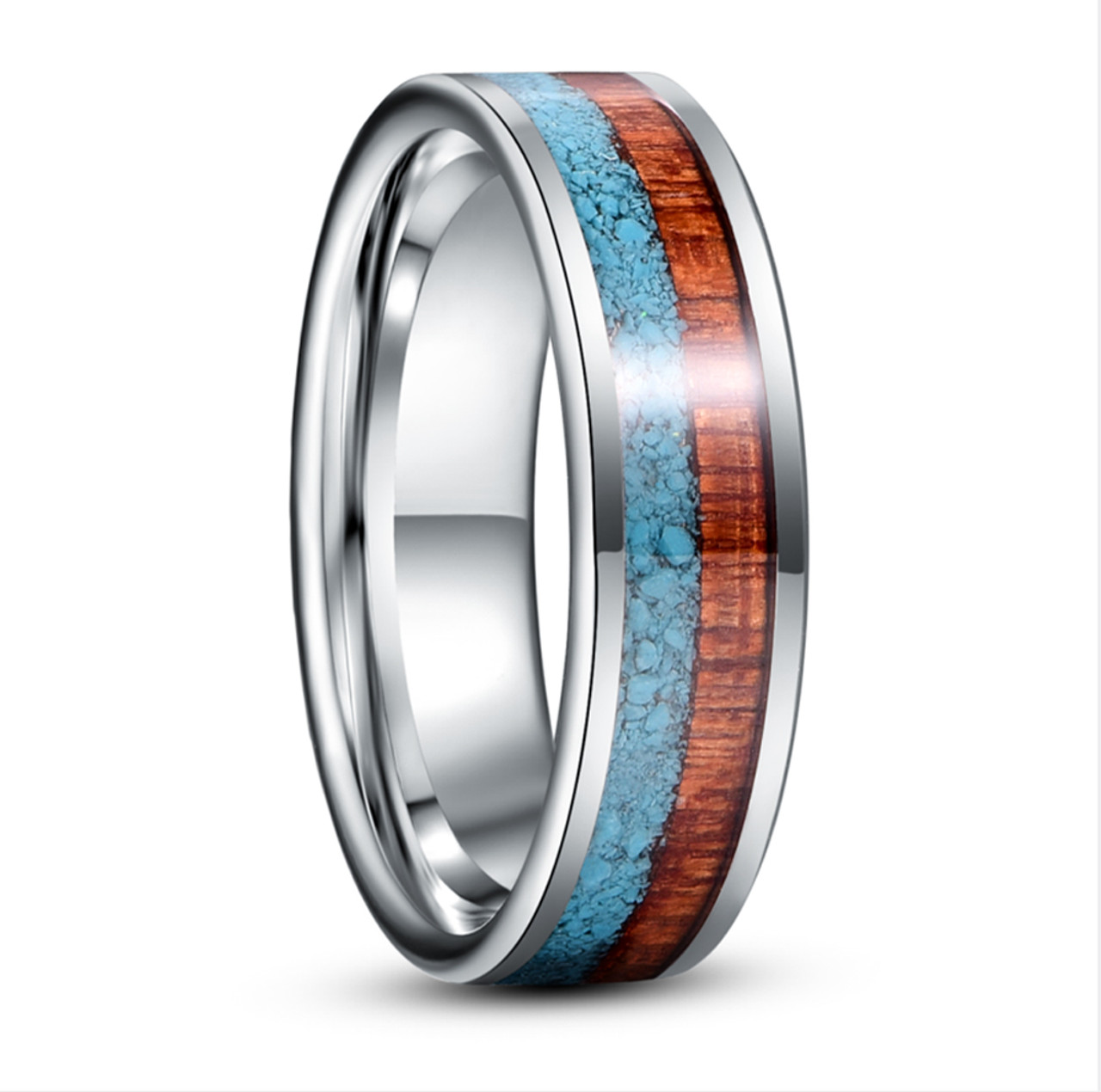 (8mm)  Unisex or Men's Wedding Titanium Wedding ring band. Blue Calaite Turquoise and Wood Inlay. Comfort Fit Tungsten Carbide Ring Wedding Ring Band. Pipe Cut Style