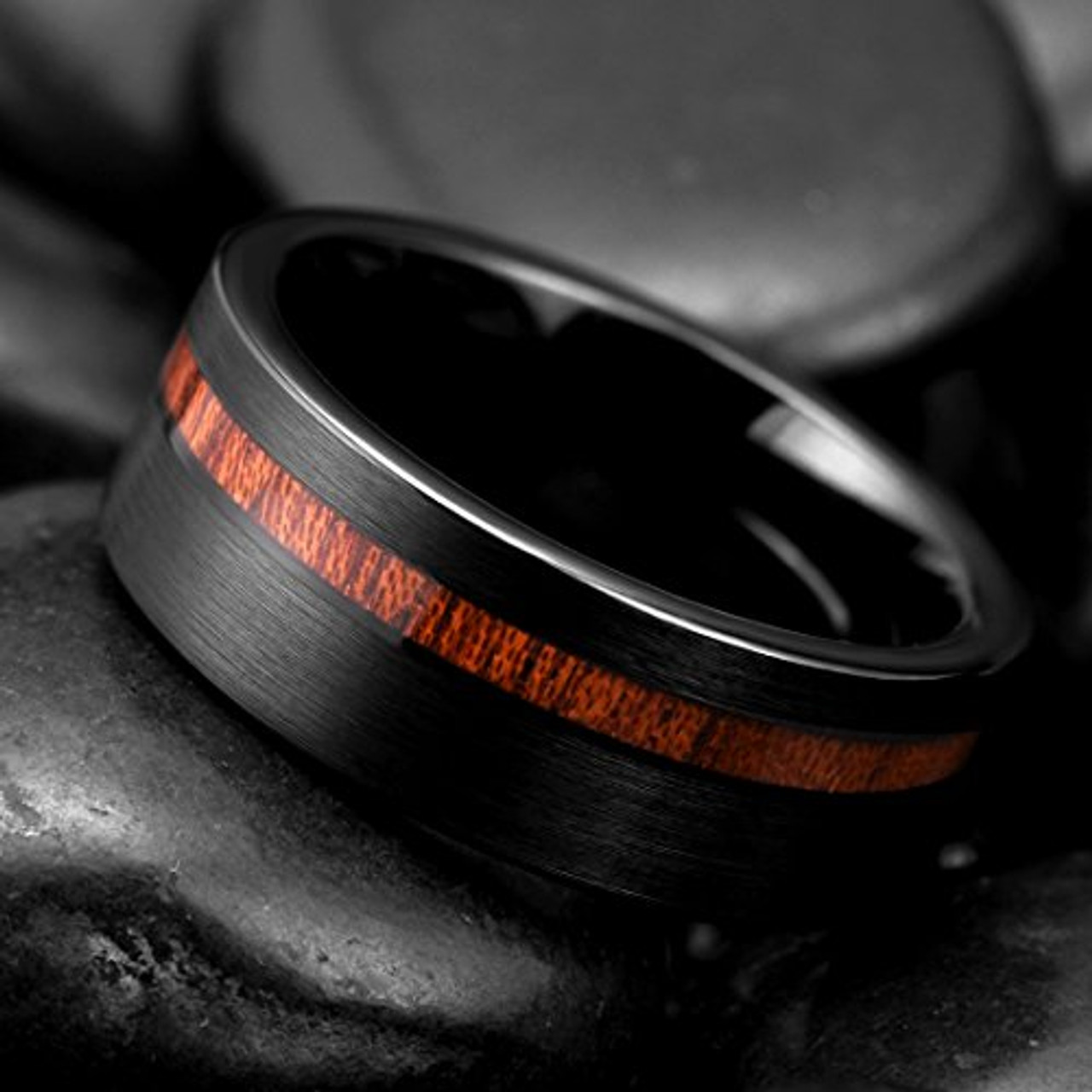 (8mm)  Unisex or Men's Wedding Tungsten Carbide Wedding ring band. Black with Koa Wood Slice Inlay. Flat Edged Tungsten Carbide Ring. Comfort Fit Brushed Tungsten Carbide Wedding Ring