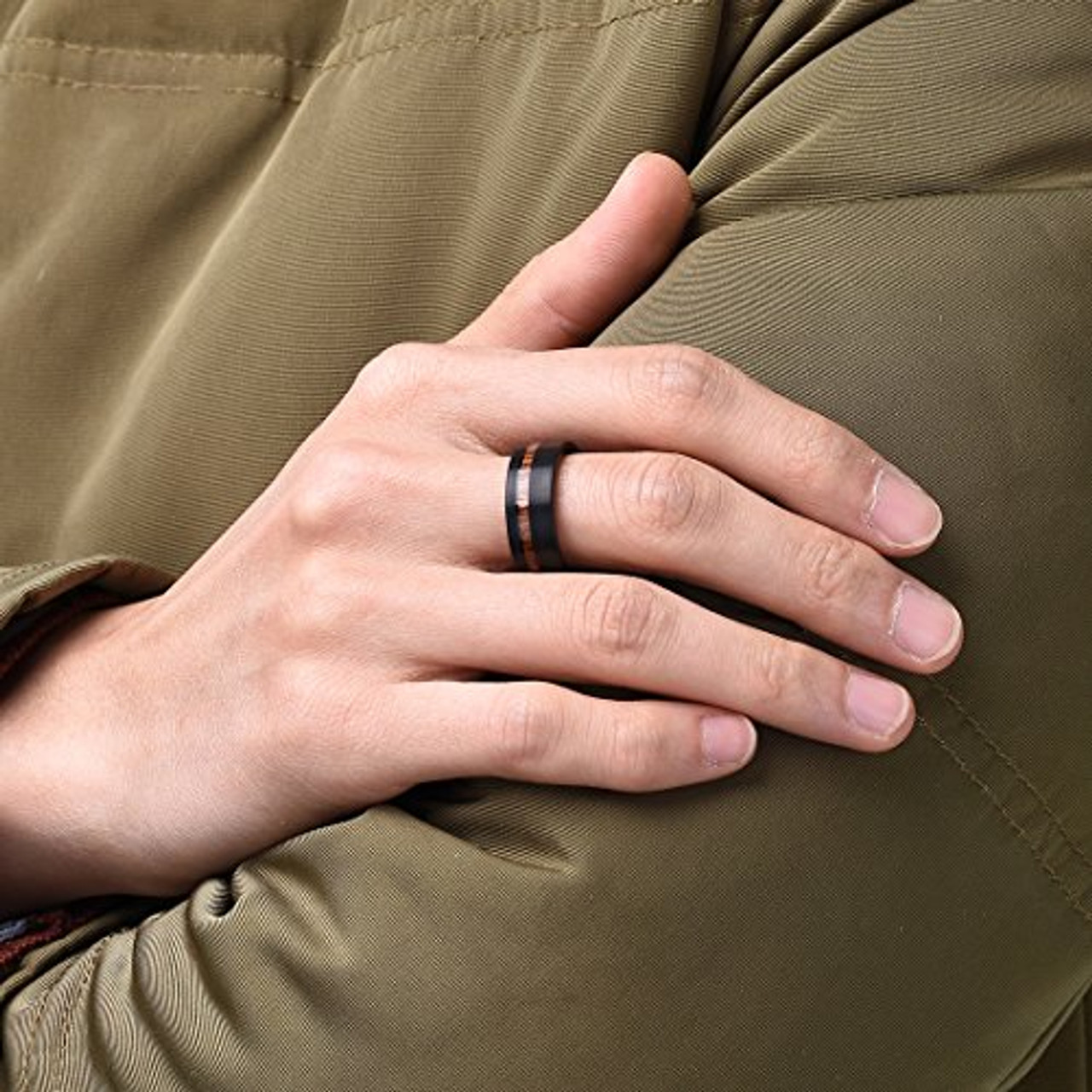 (8mm)  Unisex or Men's Wedding Tungsten Carbide Wedding ring band. Black with Koa Wood Slice Inlay. Flat Edged Tungsten Carbide Ring. Comfort Fit Brushed Tungsten Carbide Wedding Ring