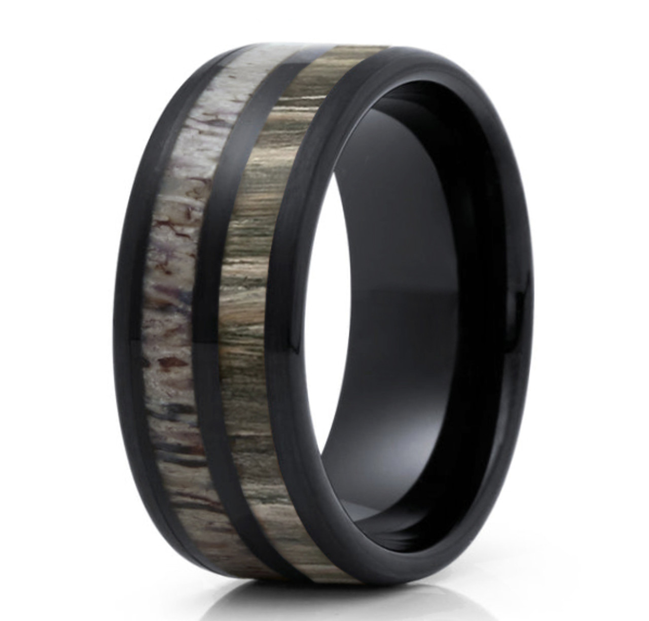 (8mm)  Unisex or Men's Tungsten Carbide Wedding ring band. Black with Deer Antler and Dark Koa Wood Inlay Comfort Fit Tungsten Carbide Ring