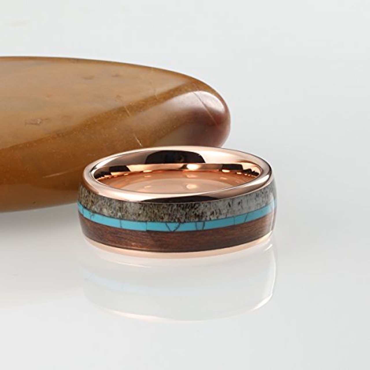 (8mm)  Unisex or Men's Wedding Tungsten Carbide Wedding ring band. Rose Gold Band with Blue Calaite Turquoise, White Antler and Wood Inlay. Comfort Fit Tungsten Carbide Domed Top Ring