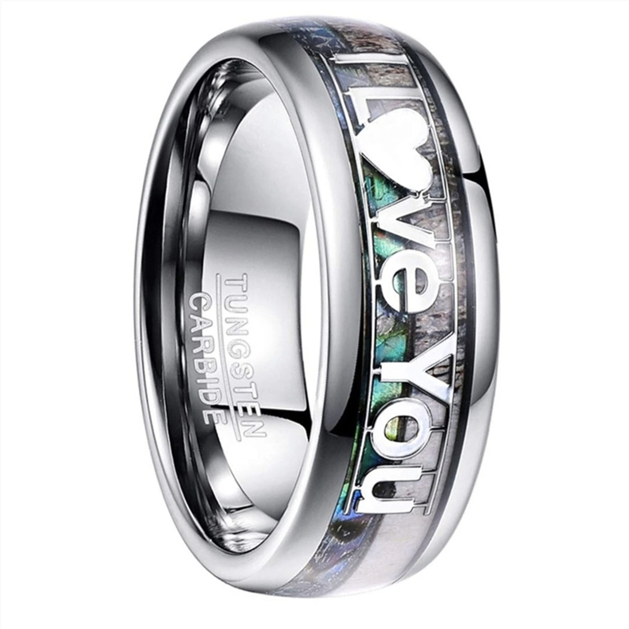 (8mm)  Unisex, Men's or Women's Tungsten Carbide Wedding ring bands. "I Love You" Ring - Silver Multi Color Rainbow Abalone Shell and wood Inlay Ring (Organic colors)