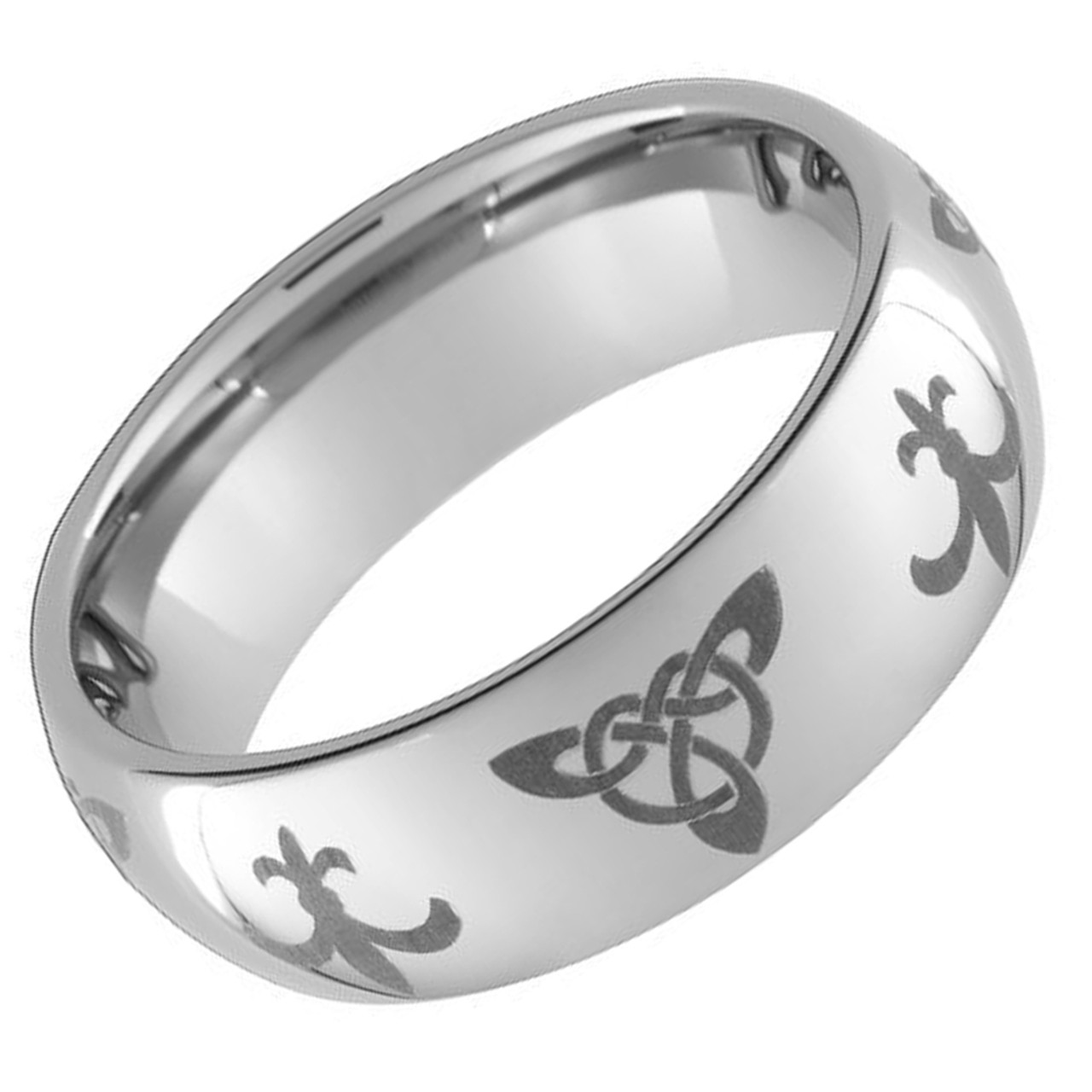 (8mm)  Unisex or Men's Tungsten Carbide Wedding ring band. Domed Multi Triquetra Celtic Knot Ring - Silver with Laser Etched Irish Trinity and Fleur De Lis Design