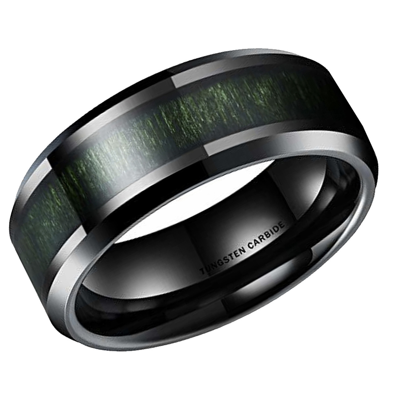 (8mm)  Unisex or Men's Tungsten Carbide Wedding ring bands. Black with High Polish Green Wood Inlay and Beveled Edges