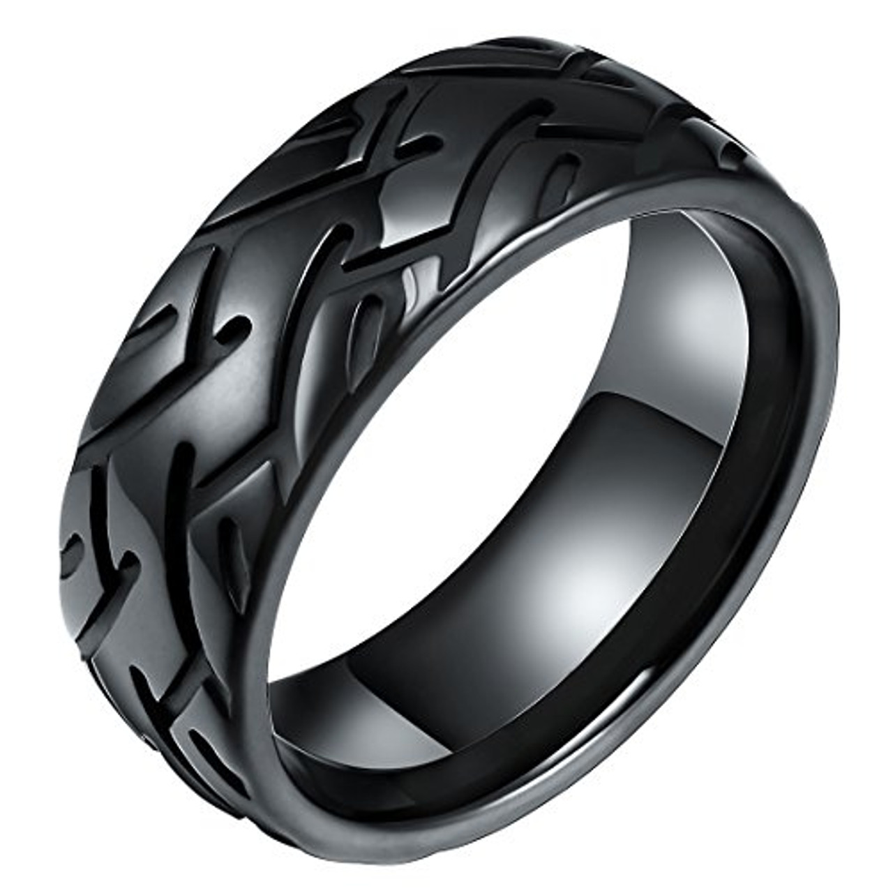 (8mm)  Unisex or Men's Black Wedding Ring - Tire Pattern Groove Design High Polished Steel