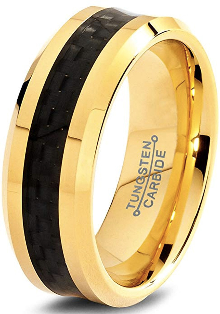 (8mm)  Unisex or Men's Tungsten Carbide Wedding ring band. 14K Yellow Gold Ring with Black Carbon Fiber Inlay