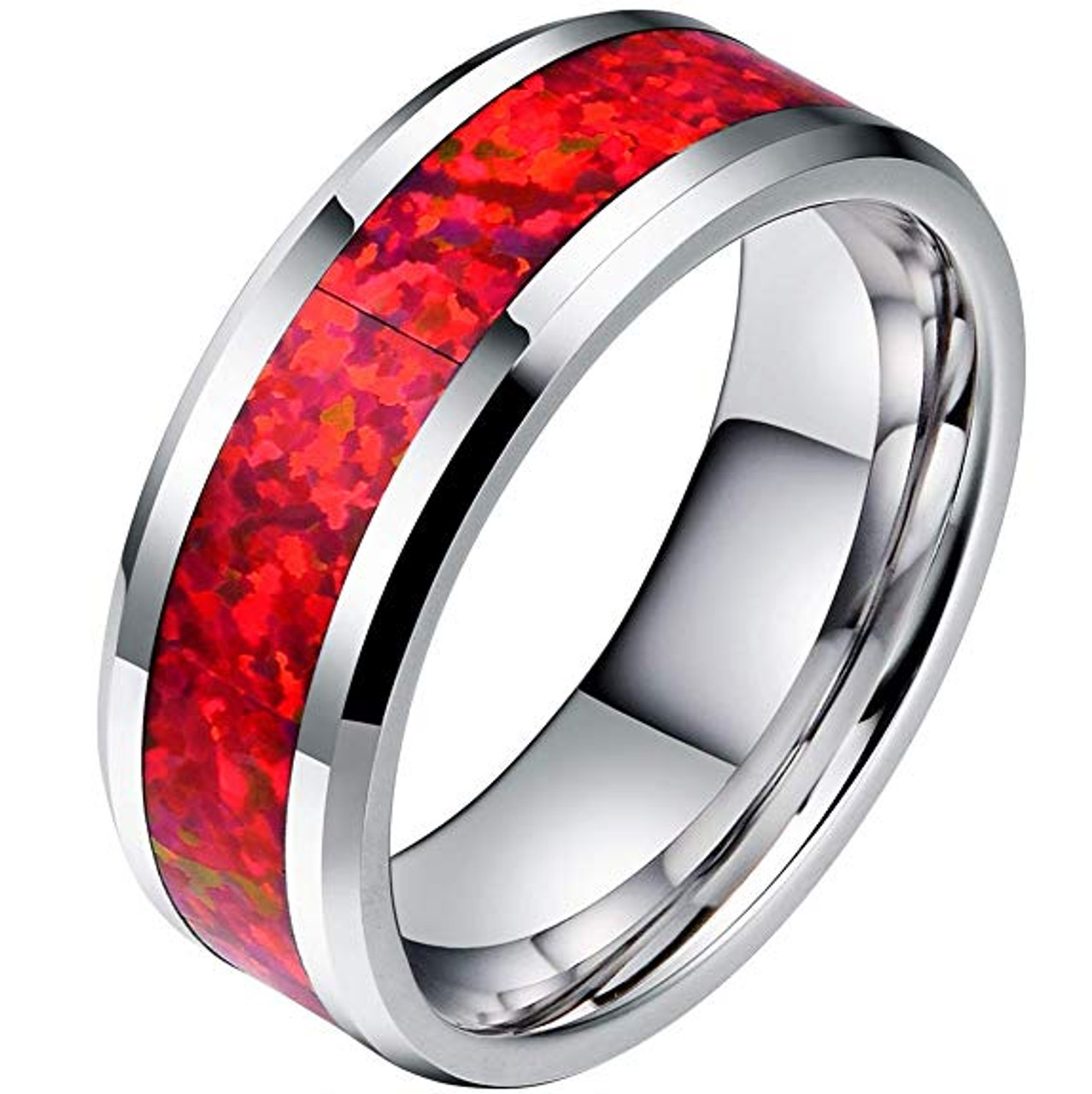 (8mm)  Unisex or Men's Red Opal Inlay Mens Tungsten Carbide Wedding ring band Ring. Silver Tone Wedding ring band Comfort Fit High Polished Tungsten Carbide