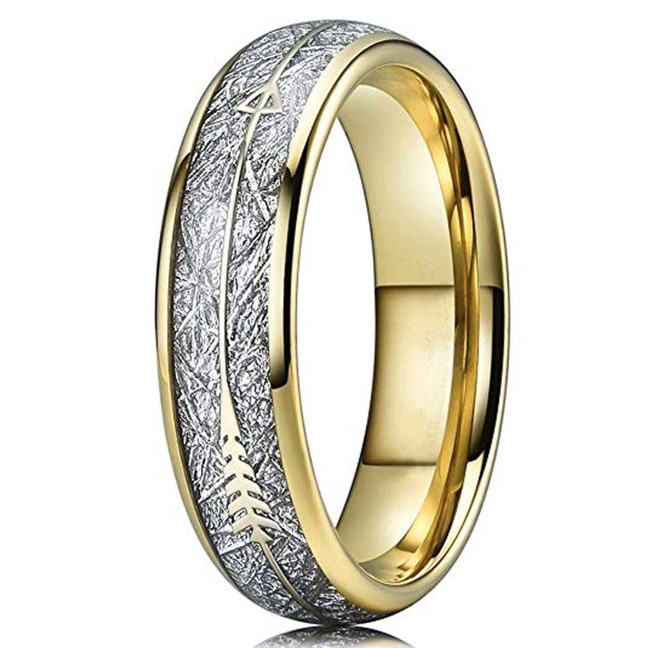 (6mm)  Unisex or Women's Tungsten Carbide Wedding ring bands. 18K Plated Yellow Gold Tone Cupid's Arrow Ring with Inspired Meteorite Inlay. Tungsten Carbide Domed Top Ring.