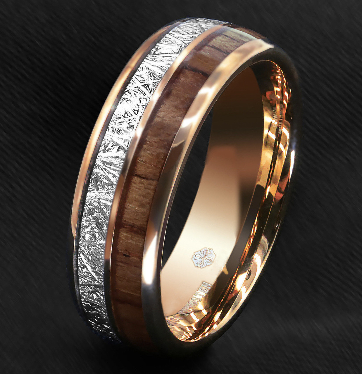 (8mm)  Unisex or Men's Wedding Tungsten Carbide Wedding ring band. Rose Gold Tungsten Carbide Band with Wood Inlay and Inspired Meteorite. Domed Tungsten Carbide Ring. Comfort Fit