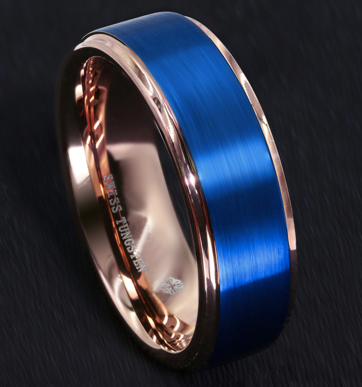 (8mm)  Unisex or Men's Tungsten Carbide Wedding ring band. 18K Rose Gold Ring with Blue Matte Finish Top