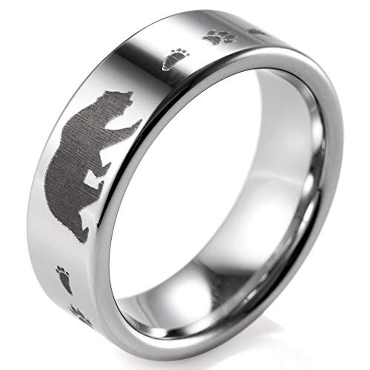 (8mm)  Unisex or Men's Hunting Ring / Bear Crossing Wedding ring band. Silver Tungsten Carbide Band with Bear Walking and Paw Prints Laser Design. Hunter's Wedding ring band Comfort Fit Ring