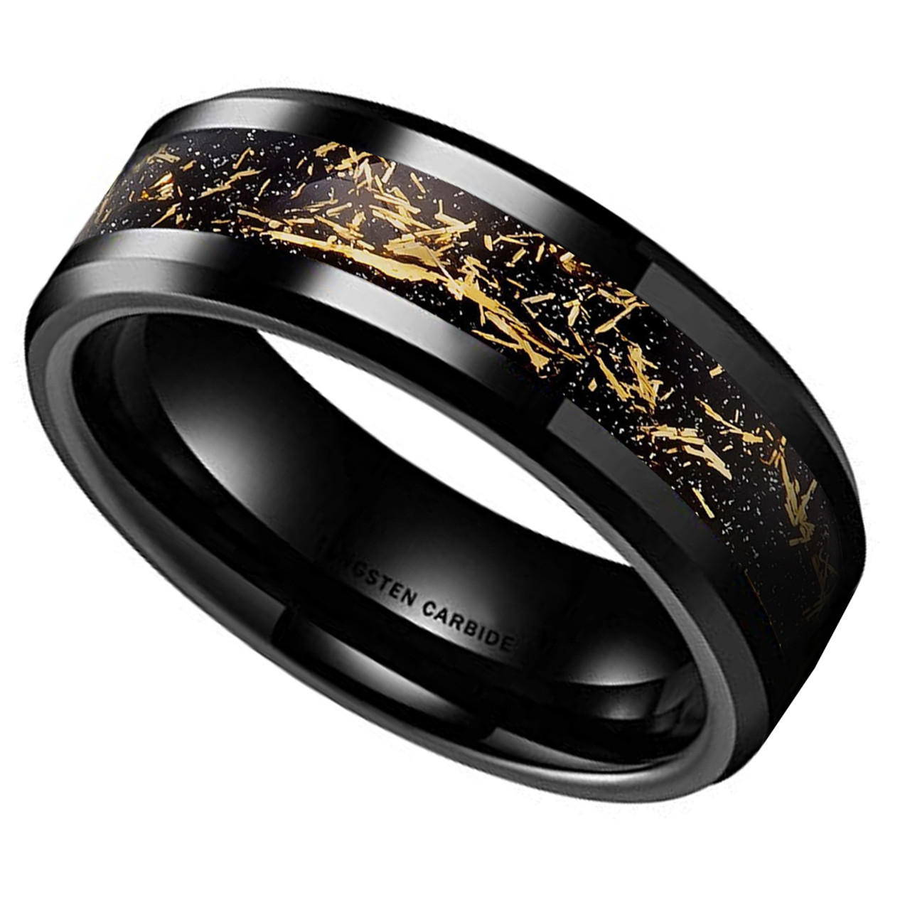 (8mm)  Unisex or Men's Tungsten Carbide Wedding ring band. Wedding ring band Black with Gold Foil Inlay. Tungsten Carbide Ring