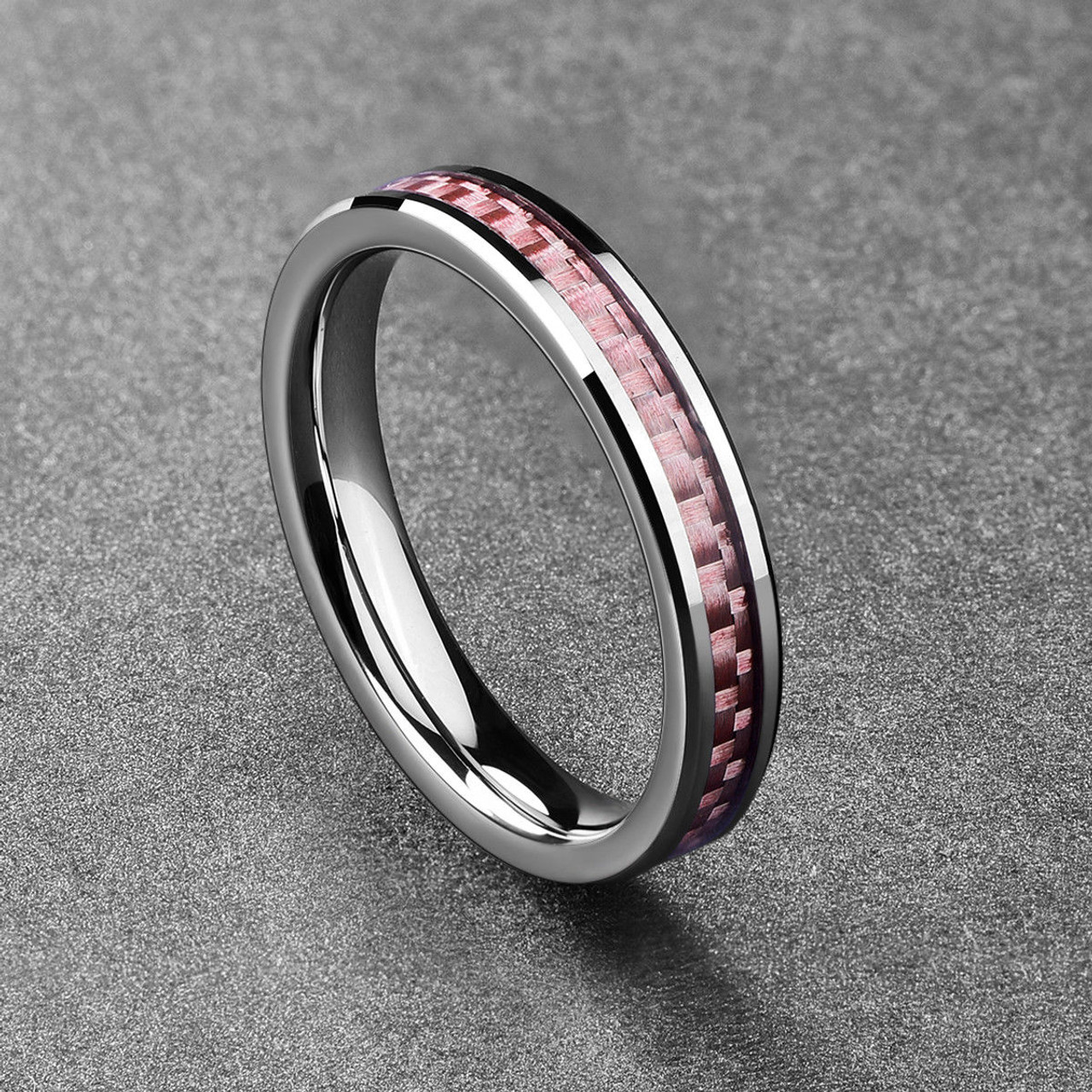 (4mm)  Women's Tungsten Carbide Wedding ring band. Pink Carbon Fiber Inlay Wedding ring bands Ring Comfort Fit