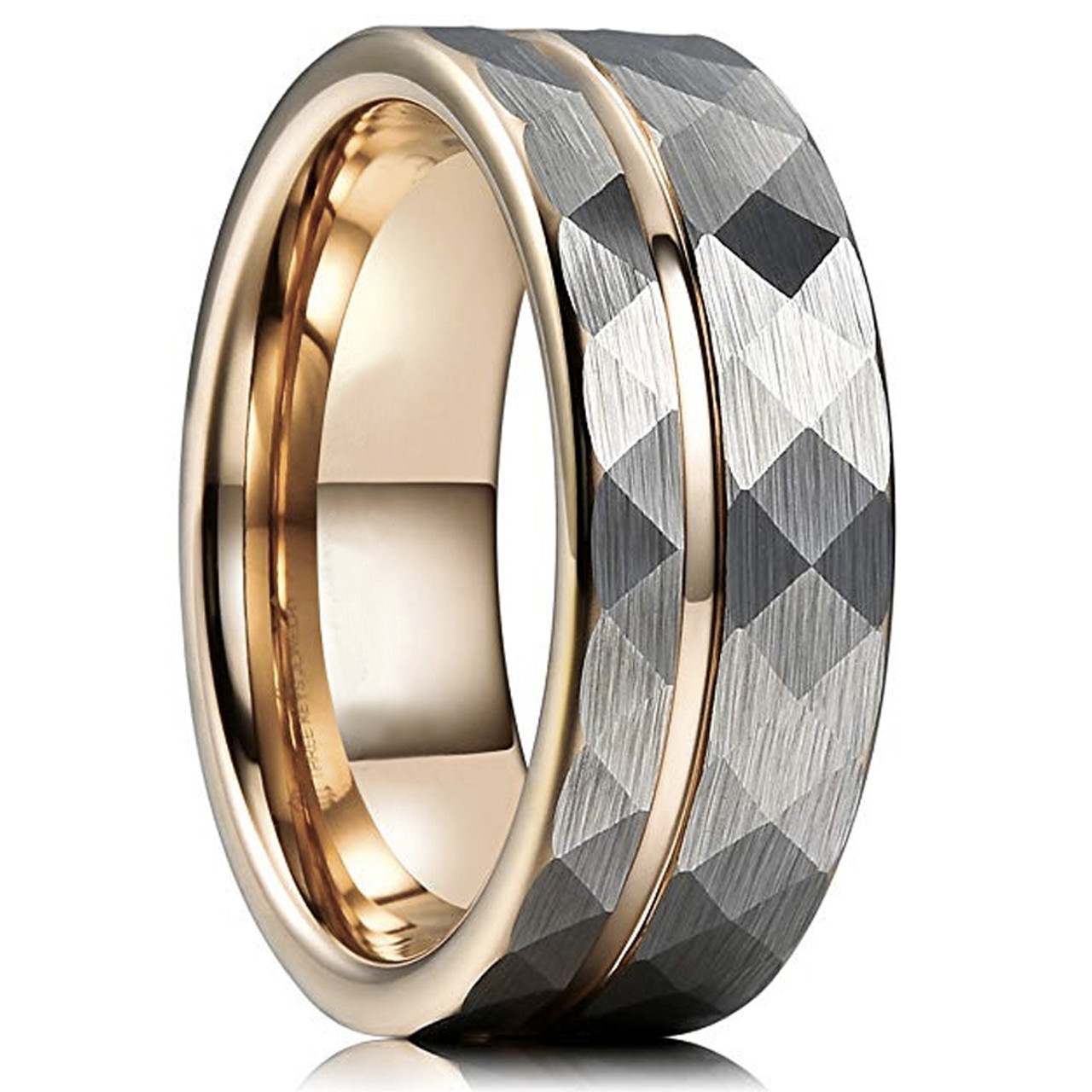 (8mm)  Unisex or Men's Tungsten Carbide Wedding ring band. Hammered Brushed Silver Tungsten Carbide Ring with Rose Gold Interior and Stripe Design