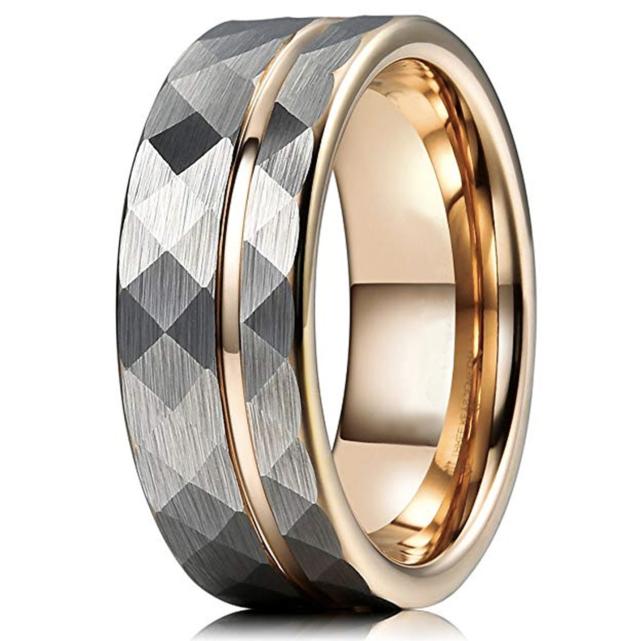 (8mm)  Unisex or Men's Tungsten Carbide Wedding ring band. Hammered Brushed Silver Tungsten Carbide Ring with Rose Gold Interior and Stripe Design