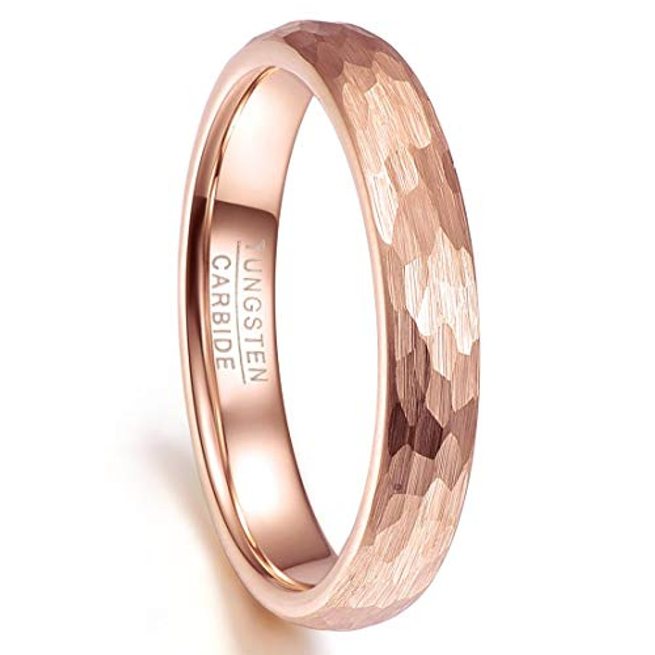 (4mm)  Unisex or Women's Tungsten Carbide Wedding ring bands. Rose Gold Hammered Domed Top Comfort Fit Wedding Ring.