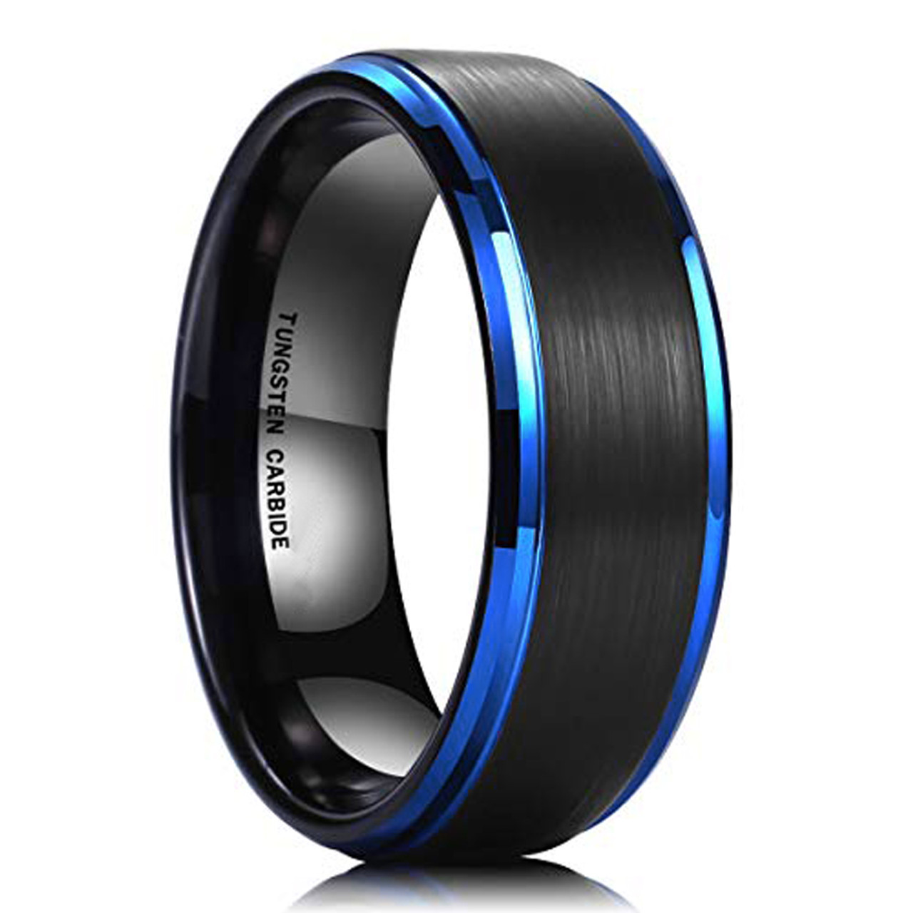 (8mm)  Unisex or Men's Tungsten Carbide Wedding ring band. Blue Edge Ring with Black Matte Finish Top