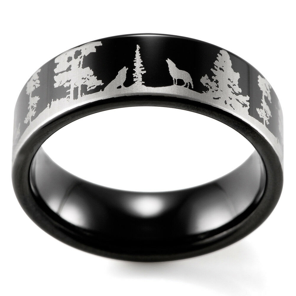(8mm) Unisex or Men's Hunting Outdoorsmen Ring / Wolves Howling at Moon