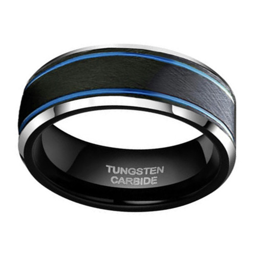 (8mm)  Unisex or Men's Tungsten Carbide Wedding ring band. Black Matte Finish Tungsten Carbide Ring with Double Blue Groove Stripes. Beveled Edge