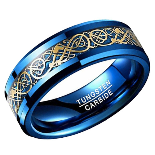 (8mm)  Unisex or Men's Tungsten Carbide Wedding ring band. Blue Celtic Wedding ring band. Blue and Gold Resin Inlay Celtic Knot Tungsten Carbide Ring Comfort Fit