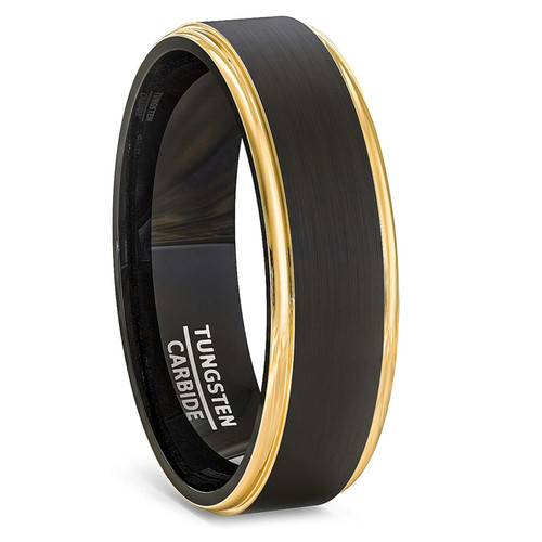 (6mm)  Unisex or Women's Tungsten Carbide Wedding ring bands. 14K Yellow Gold and Black Tungsten Carbide Ring. Side Stripes High Polish Comfort Fit
