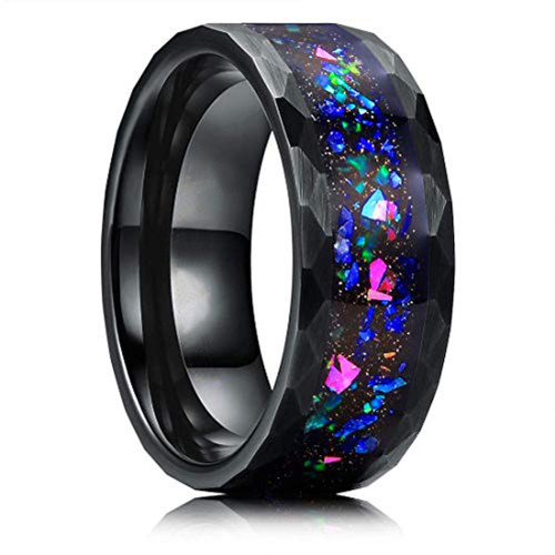 (8mm) Unisex or Men's Tungsten Carbide Wedding Ring Bands. Diamond Faceted Black Band and Multiple Color Rainbow Opal Inlay with Organic Tones.