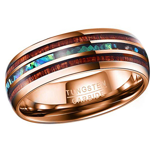 (8mm) Unisex or Men's Tungsten Carbide Wedding ring band - Rose Gold Tone Wood and Rainbow Abalone Shell Inlay Ring. 