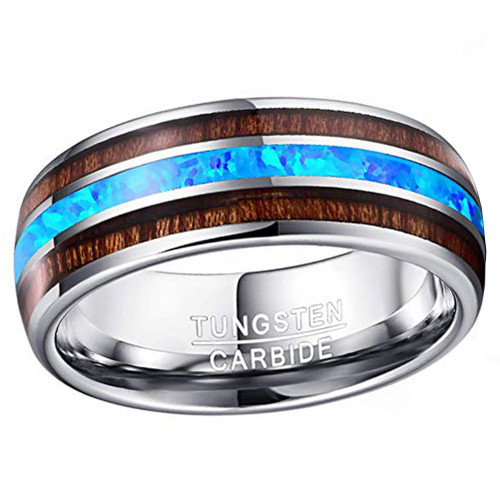 (8mm) Unisex or Men's Tungsten Carbide Wedding Ring Band - Silver Tone Wood and Sea Blue Opal Inlay Ring. 