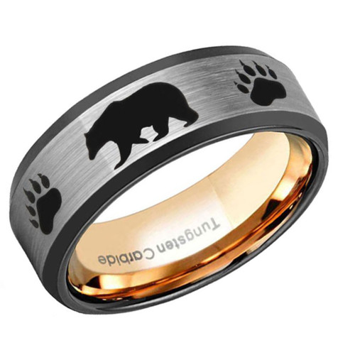 (8mm)  Unisex or Men's Hunting Ring / Bear Crossing Wedding ring band. Brushed Silver Tungsten Carbide Band with Bear Walking and Paw Prints Laser Design. Inner Gold Domed Top Hunter's Wedding ring band Comfort Fit Ring