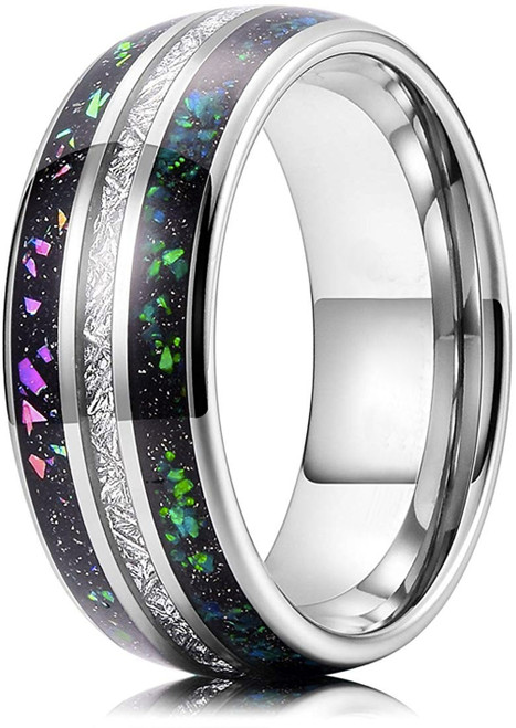 (8mm)  Unisex or Men's Tungsten Carbide Wedding ring bands. Silver Tone Meteorite Ring with Multi Color Rainbow Opal Inlay Ring (Organic colors)