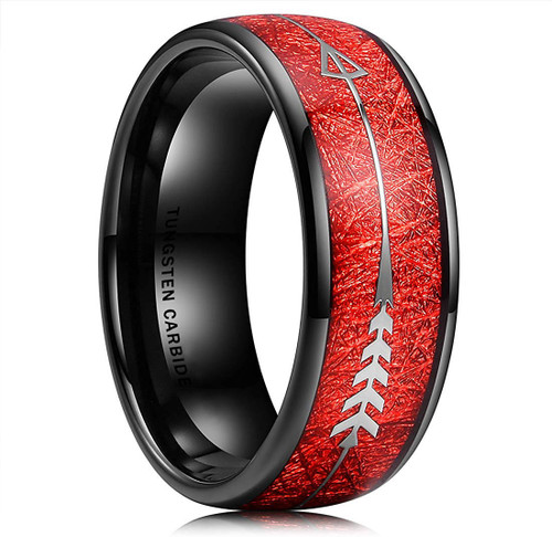 (8mm) Unisex or Men's Tungsten Carbide Wedding ring bands. Black Tone Ring with Cupid's Arrow over Red Inspired Meteorite Inlay. Tungsten Carbide Domed Top Ring.