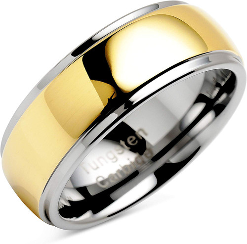 (8mm) Unisex or Men's Silver and Gold Dome Gunmetal Tungsten Carbide Wedding Ring Band