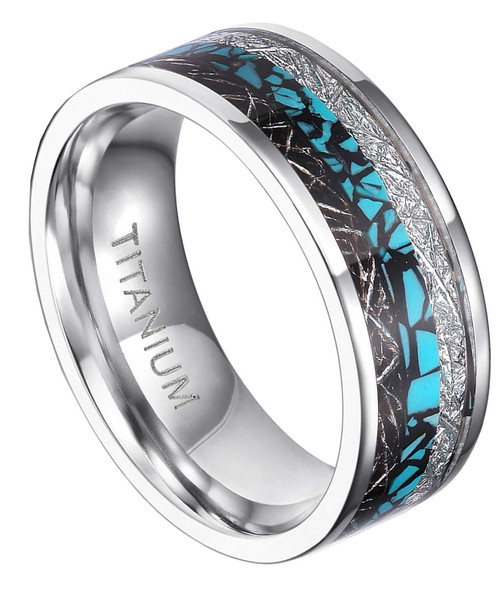 (8mm) Unisex or Men's Titanium Wedding Ring Band. Silver band with Triple Color Turquoise and Duo Inspired Meteorite Inlay. Light Weight and Comfort Fit. 