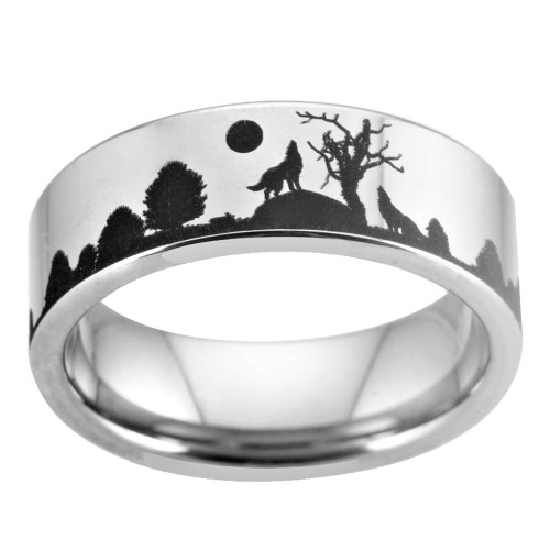 (8mm) Unisex or Men's Hunting Outdoorsmen Ring / Wolves Howling at Moon - Wedding ring band. Silver Tungsten Carbide Band with Wolf Howling Laser Design. 