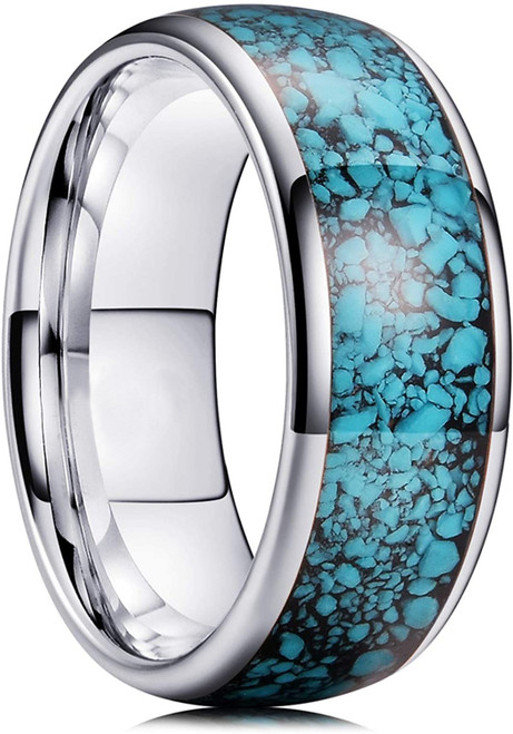 (8mm) Unisex or Men's Blue Turquoise Inlay Tungsten Carbide Wedding Ring Band. Silver Domed Style Tungsten Carbide Ring Comfort Fit.