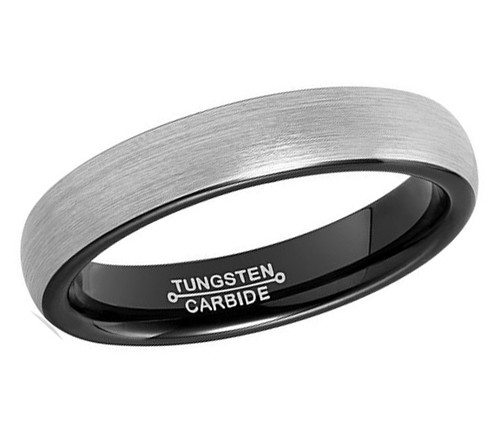 (4mm) Women's Gray and Black Plated Tungsten Carbide Wedding Ring Bands Brushed Ring. Domed Top. Comfort Fit Style.