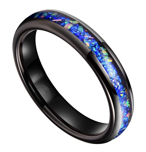 (4mm) Unisex or Women's Ceramic Wedding Ring Band - Black Tone with Vibrant Blue Opal Fragments and colorful dabs of organic Inlay.