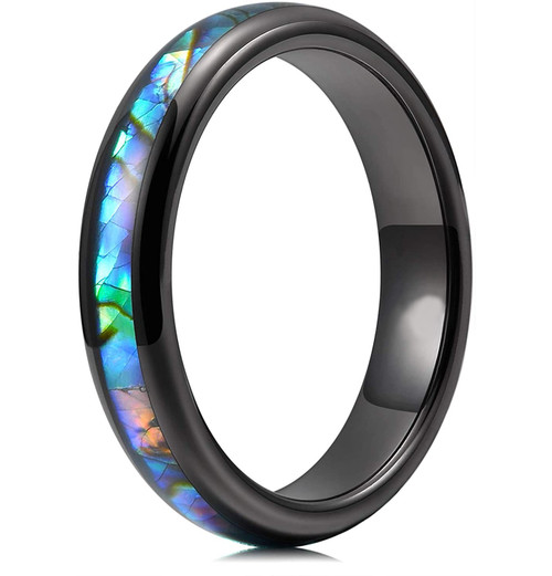(4mm) Women's Tungsten Carbide Wedding Ring Bands. Domed Top Black Band and Multiple Color Rainbow Abalone Shell Inlay with Organic Tones.