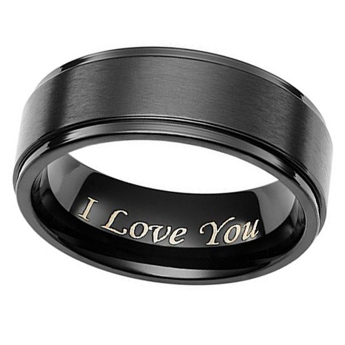 (8mm) Unisex or Men's Engraved I Love You Titanium Wedding Ring Band. Black Ring, Light Weight and Comfort Fit Style.