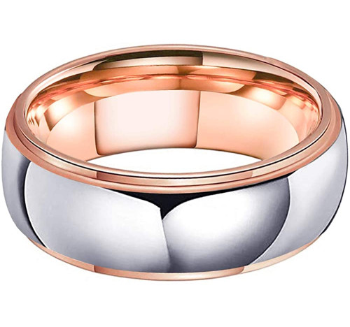 (8mm) Unisex or Men's Rose Gold and Silver Dome Gunmetal Tungsten Carbide Wedding Ring Band