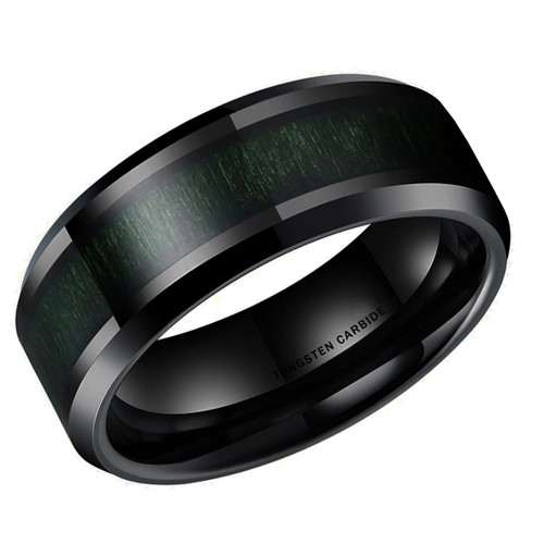 (8mm)  Unisex or Men's Tungsten Carbide Wedding ring bands. Black with Deep Dark Green Wood Inlay and Beveled Edges