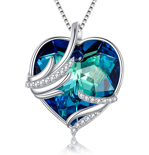 Angel Wings Crystal Heart Pendant - Blue / Green with 18" Chain Necklace. Gift for Lover, Girl Friend, Wife, Valentine's Day Gift, Mother's Day, Anniversary Gift Necklace.