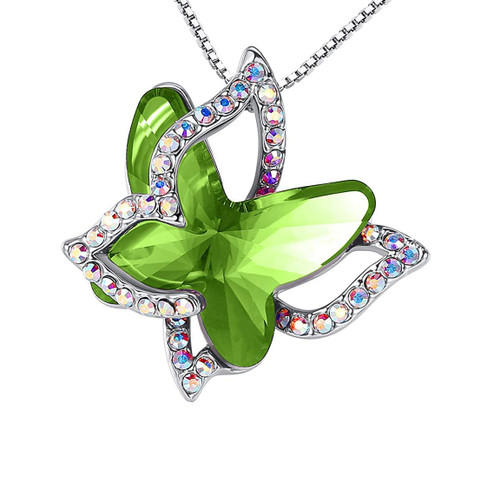 August Birthstone - Light Green Peridot Double Butterflies Design Crystal Pendant and CZ stones - with 18" Chain Necklace. Gift for Lover, Girl Friend, Wife, Valentine's Day Gift, Mother's Day, Anniversary Gift Butterfly Necklace.