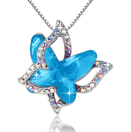 March Birthstone Aquamarine Light Blue Double Butterflies Design Crystal Pendant And Cz Stones With 18 Chain