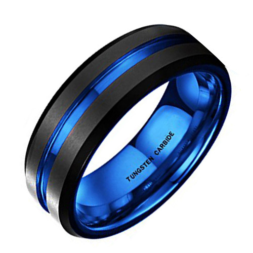 (7mm) Unisex or Men's Tungsten Carbide Wedding Ring Band. Black Matte Finish with Blue Inside and Groove Beveled Edge Ring.