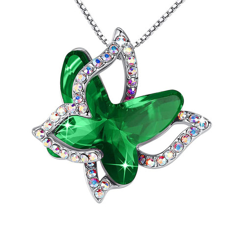 May Birthstone - Green Emerald Double Butterflies Design Crystal Pendant and CZ stones - with 18" Chain Necklace. Gift for Lover, Girl Friend, Wife, Valentine's Day Gift, Mother's Day, Anniversary Gift Butterfly Necklace.