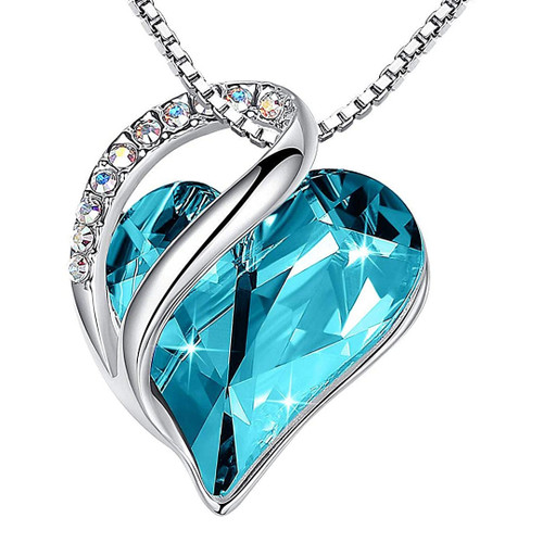 December Birthstone - Light Aqua Blue Looped Heart Design Crystal Pendant and CZ stones - with 18" Chain Necklace. Gift for Lover, Girl Friend, Wife, Valentine's Day Gift, Mother's Day, Anniversary Gift Heart Necklace.