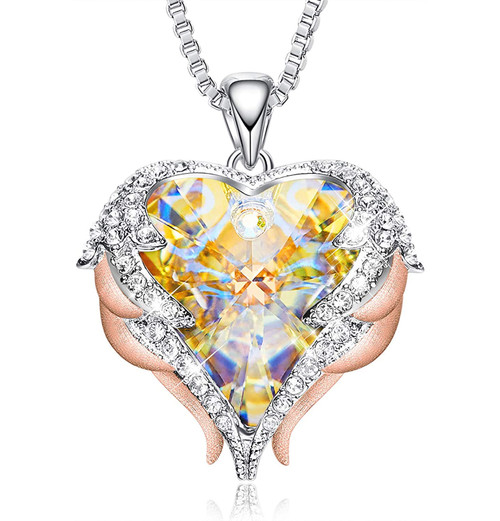 Angel Wings Heart Crystal Heart Yellow Rainbow Pendant Silver Tone White Gold Rose Gold With