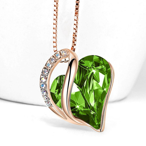August Birthstone - Light Green Peridot Looped Heart Design Crystal - Rose Gold Pendant and CZ stones - with 18" Chain Necklace. Gift for Lover, Girl Friend, Wife, Valentine's Day Gift, Mother's Day, Anniversary Gift Heart Necklace.