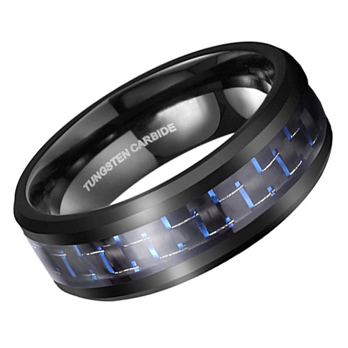 (8mm) Unisex or Men's Tungsten Carbide Wedding Ring Band. Black Ring with Blue and Black Carbon Fiber Inlay.